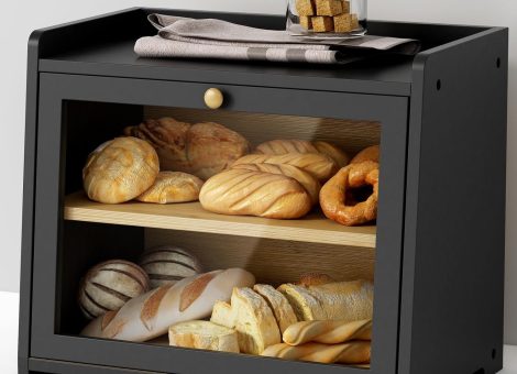 Black Bread Box for Kitchen Countertop, Large Bread Storage Container for Homemade Bread, Wood Farmhouse Breadbox Organizer for Kitchen Counter Corner, Cabinet, Pantry, Cupboard (Black)