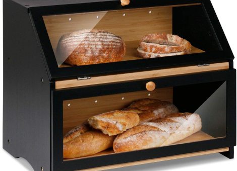 HOMEKOKO Double Layer Large Bread Box for Kitchen Counter, Wooden Large Capacity Bread Storage Bin (Black)