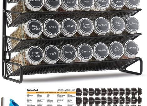 SpaceAid Spice Rack Organizer with 28 Spice Jars, 386 Spice Labels, Chalk Marker and Funnel Set for Cabinet, Countertop, Pantry, Cupboard or Door & Wall Mount – 28 Jars, 13.4″ W × 10.8″ H, Black